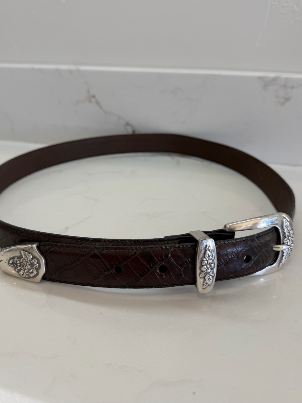 Vintage Croc Leather Belt Silver Buckle Floral Etched Size Large Women’s